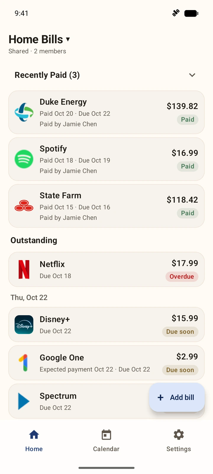Alex’s actual shared bills in the light theme