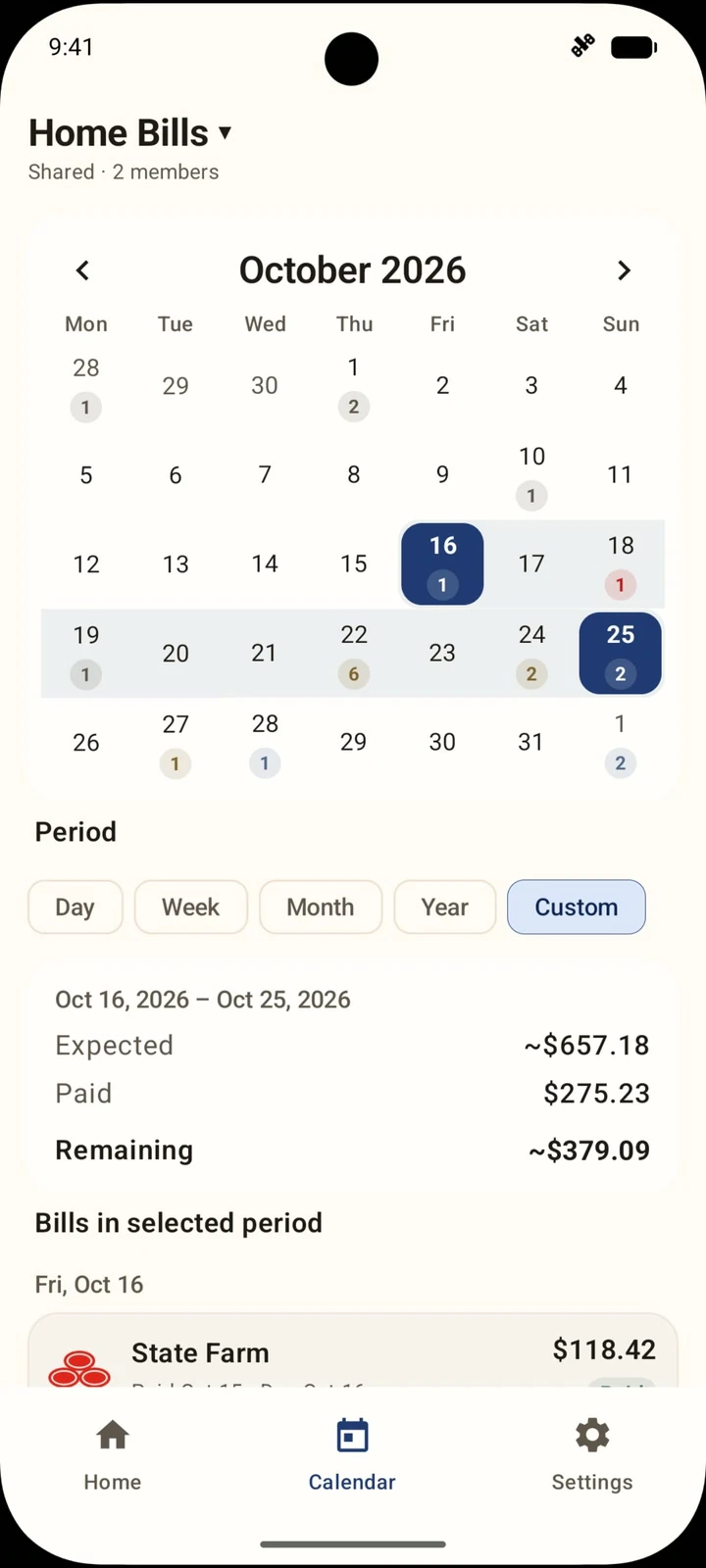 Shoddy’s light-theme bill calendar
