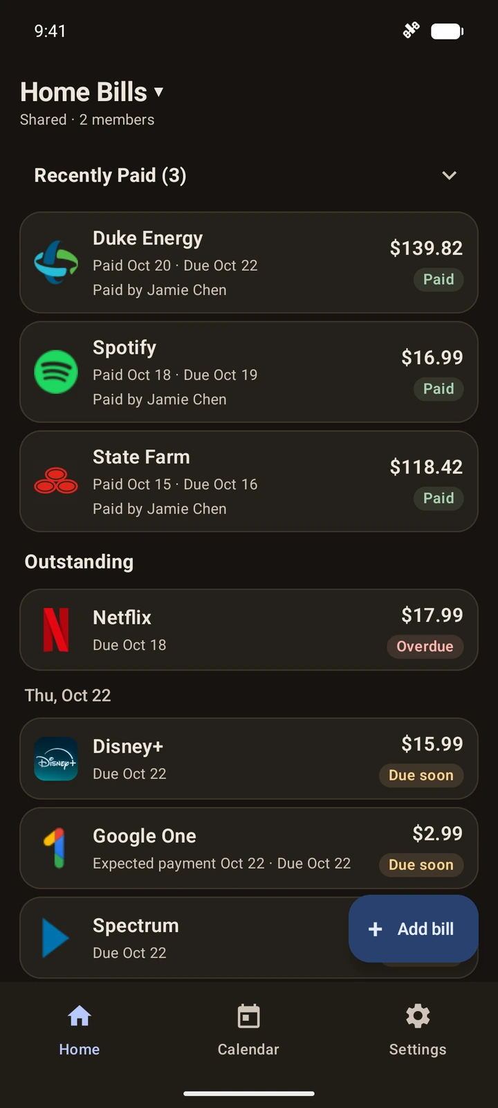 Jamie’s actual shared bills and recorded payer in the dark theme